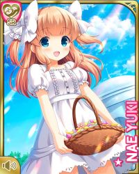 Rule 34 | 1girl, bare arms, bare legs, basket, blue eyes, bow, brown hair, character name, day, dress, girlfriend (kari), hair bow, long hair, official art, open mouth, qp:flapper, smile, solo, standing, two side up, white bow, white dress, yuuki nae