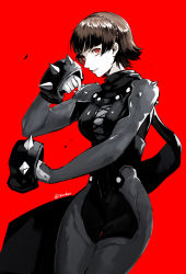 Rule 34 | 1girl, absurdres, biker clothes, black bodysuit, black cape, bodysuit, braid, breasts, brown hair, cape, commentary, cowboy shot, crown braid, highres, igusaharu, limited palette, looking at viewer, medium breasts, niijima makoto, persona, persona 5, red background, red eyes, short hair, shoulder spikes, simple background, smile, solo, spiked knuckles, spikes, twitter username