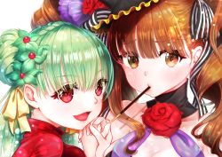 Rule 34 | 2girls, absurdres, achiko (tamara), black ribbon, boo (chain chronicle), braid, breasts, brown eyes, brown hair, chain chronicle, cleavage, flower, food, green hair, hair ornament, hair ribbon, highres, holding hands, interlocked fingers, lilith (chain chronicle), long hair, looking at viewer, mouth hold, multiple girls, pocky, red eyes, ribbon