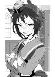 Rule 34 | 1girl, absurdres, animal ears, bookshelf, bow, bowtie, byerley turk (umamusume), clenched teeth, collarbone, comic, commentary, crossed arms, crown, ear ornament, embarrassed, garrison cap, glitch, greyscale, hat, highres, horse ears, horse girl, horse tail, horseshoe ornament, indoors, long sleeves, looking at viewer, military hat, mini crown, monochrome, multicolored hair, outline, outside border, pixelated, sailor collar, sailor shirt, scar, scar across eye, school uniform, shirt, short hair, solo, tail, teeth, tilted headwear, tracen school uniform, umamusume, upper body, wakkigen, window, winter uniform