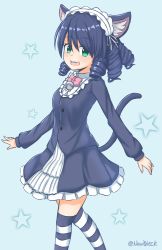 Rule 34 | 1girl, animal ears, artist name, bad id, bad pixiv id, bell, black thighhighs, blue hair, blush, bow, cat ears, cat tail, cyan (show by rock!!), drill hair, drill sidelocks, green eyes, highres, long sleeves, looking at viewer, maid headdress, nan0teck, open mouth, pink bow, short hair, show by rock!!, sidelocks, smile, solo, striped clothes, striped thighhighs, tail, thighhighs, twitter username, white thighhighs