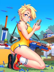 Rule 34 | 1girl, ass, blonde hair, blue eyes, box, breasts, day, ear piercing, full body, game boy, game boy (original), grass, handheld game console, kneeling, large breasts, looking back, nerf, nerf gun, nintendo, one-piece swimsuit, original, outdoors, piercing, pointy ears, red footwear, ronindude, sassy (ronindude), shoes, sneakers, socks, solo, surge (drink), swimsuit, tamagotchi, toy sword, twizzlers, white socks, yellow one-piece swimsuit