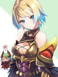 Rule 34 | 2girls, absurdres, alternate costume, armor, black feathers, blonde hair, blue eyes, blue hair, breasts, cape, chibi, clear glass (mildmild1311), cleavage, cosplay, covering own mouth, earrings, feather sleeves, feathers, fire emblem, fire emblem heroes, fjorm (fire emblem), green hair, highres, jewelry, laegjarn (fire emblem), laegjarn (fire emblem) (cosplay), looking at viewer, medium breasts, multicolored hair, multiple girls, nintendo, o o, open mouth, shoulder armor, smile, two-tone hair, watermark