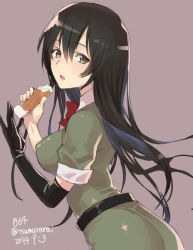Rule 34 | 10s, 1girl, black eyes, black gloves, black hair, breasts, chikuma (kancolle), chikuwa, dated, elbow gloves, food, gloves, kantai collection, looking at viewer, medium breasts, natsuhiko, pun, simple background, single elbow glove, solo, twitter username, uniform, upper body