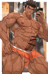 Rule 34 | 1boy, abs, bar censor, bara, censored, clothing aside, covered testicles, dark-skinned male, dark skin, erection, feet out of frame, gluteal fold, highres, holding, holding phone, large pectorals, long sideburns, male focus, male underwear, male underwear aside, male underwear pull, motion lines, muscular, muscular male, navel, navel hair, nikism, nipples, orange male underwear, original, pectorals, penis, phone, precum, pulling own clothes, short hair, sideburns, solo, spiked hair, stomach, sweat, textless version, thick eyebrows, thick thighs, thighs, topless male, underwear, underwear only, veins, veiny penis