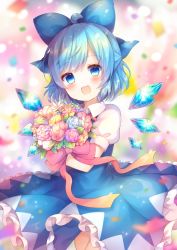 Rule 34 | 1girl, :d, ahoge, blue dress, blue eyes, blue flower, blue hair, blue rose, blue wings, blurry, blurry background, blush, bouquet, bow, cirno, coa (chroo x), commentary request, confetti, depth of field, detached wings, dress, flower, frilled dress, frills, hair bow, head tilt, holding, holding bouquet, ice, ice wings, looking at viewer, open mouth, pink flower, pink rose, puffy short sleeves, puffy sleeves, purple flower, purple rose, red bow, rose, short sleeves, sleeveless, sleeveless dress, smile, solo, touhou, white bow, wings, yellow flower, yellow rose