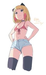 Rule 34 | 1girl, alternate eye color, animal ears, artist name, bad id, bad twitter id, bikini, bikini top only, black choker, black thighhighs, blonde hair, blue shorts, blush, breasts, cat ears, choker, cloba, collarbone, cowboy shot, cropped legs, flower, front-tie top, frown, gluteal fold, grey eyes, hair flower, hair ornament, hands on own hips, highres, inactive account, looking at viewer, navel, original, pink bikini, pink flower, short hair, shorts, simple background, small breasts, solo, swimsuit, thighhighs, white background