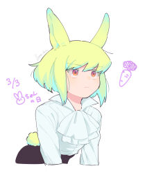Rule 34 | 1boy, ahoge, androgynous, animal ears, arched back, ascot, black pants, closed mouth, green hair, highres, kemonomimi mode, kome 1022, lio fotia, looking ahead, looking up, male focus, no jacket, orange eyes, pants, promare, rabbit boy, rabbit ears, rabbit tail, shirt, short hair, sidelocks, simple background, solo, tail, white ascot, white background, white shirt