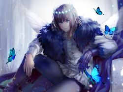 Rule 34 | 1boy, arthropod boy, black hair, blue eyes, bug, cape, cloak, collared shirt, crown, diamond hairband, dragonfly wings, fate/grand order, fate (series), fur-trimmed cape, fur-trimmed cloak, fur trim, grey hair, highres, insect wings, kankitsurui (house of citrus), long sleeves, looking at viewer, male focus, medium hair, oberon (third ascension) (fate), official alternate hair color, shirt, short hair, smile, solo, white shirt, wings