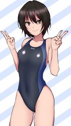 Rule 34 | 1girl, amagami, black eyes, black hair, black one-piece swimsuit, breasts, clothes writing, collarbone, commentary request, competition swimsuit, contrapposto, covered navel, cowboy shot, double bun, hair bun, hanna lancaster, highres, looking at viewer, nanasaki ai, one-piece swimsuit, short hair, small breasts, solo, standing, striped, striped background, swimsuit, white background