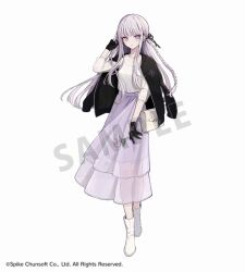 1girl akakura bag black_gloves black_jacket black_ribbon braid copyright_name danganronpa:_trigger_happy_havoc danganronpa_(series) flower full_body gloves grey_hair hair_ribbon holding holding_flower jacket jacket_on_shoulders kirigiri_kyoko long_hair long_sleeves official_art open_clothes open_jacket pink_eyes pink_skirt ribbon rose sample_watermark see-through_clothes see-through_skirt see-through_sleeves shirt shoulder_bag side_braid simple_background skirt solo watermark white_bag white_flower white_footwear white_rose white_shirt