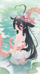 Rule 34 | 1girl, absurdres, ahoge, alternate costume, azur lane, barefoot, black hair, butt crack, chinese commentary, commentary request, dress, drooling, feet, from behind, hair between eyes, hair ribbon, heart, heart ahoge, highres, huge ahoge, lily pad, long hair, looking at viewer, partially submerged, pink ribbon, red eyes, ribbon, saliva, seiza, sheng taoren, sitting, solo, strap pull, sundress, tentacle hair, tentacles, toes, tongue, tongue out, very long hair, white dress, whydah (azur lane)