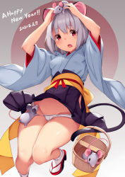 Rule 34 | 1girl, 2020, animal, animal ears, animal on head, arms up, bucket, commentary request, grey hair, hakama, hakama short skirt, hakama skirt, happy new year, japanese clothes, kimono, long sleeves, looking at viewer, mikan (bananoha), mouse (animal), mouse ears, mouse tail, nazrin, new year, obi, on head, open mouth, panties, red eyes, sash, short hair, skirt, socks, solo, tabi, tail, thighs, touhou, underwear, white panties, wide sleeves