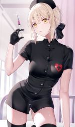 Rule 34 | 1girl, artoria pendragon (fate), artoria pendragon (lancer alter) (fate), bed, bed frame, black bow, black dress, black gloves, black thighhighs, blonde hair, bow, breasts, closed mouth, collared dress, dress, fate/grand order, fate (series), glint, gloves, hair bow, hat, heart, highres, holding, holding syringe, indoors, infirmary, looking at viewer, medium breasts, meltymaple, nurse, nurse cap, short dress, short hair, short sleeves, sidelocks, solo, syringe, thighhighs, yellow eyes, zettai ryouiki