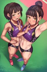 Rule 34 | 2girls, :d, absurdres, arm up, armpits, bikini, bikini tan, black bikini, blush, breasts, brown hair, day, fang, foreshortening, from above, grass, hair bun, hand up, highres, looking at viewer, multicolored bikini, multicolored clothes, multiple girls, navel, open mouth, original, outdoors, purple bikini, running track, shoes, short hair, side-by-side, sidelocks, single hair bun, small breasts, smile, sneakers, sports bikini, standing, swimsuit, tan, tanline, toin (iitoin), track and field, track uniform, v, wristband, yellow eyes