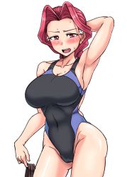 Rule 34 | 10s, 1girl, arm behind head, black one-piece swimsuit, braid, breasts, cowboy shot, girls und panzer, girls und panzer ribbon no musha, large breasts, long hair, looking at viewer, mimuni362, one-piece swimsuit, open mouth, red eyes, red hair, solo, swimsuit, uszka (girls und panzer), white background