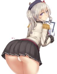 Rule 34 | 2girls, ass, beret, black hat, black skirt, blush, epaulettes, fairy (kancolle), frilled sleeves, frills, from behind, gloves, grey jacket, hat, jacket, kantai collection, kashima (kancolle), leaning forward, long hair, long sleeves, looking at viewer, looking back, multiple girls, notepad, panties, pantyshot, pleated skirt, purple eyes, silver hair, skirt, smile, solo focus, standing, striped clothes, striped jacket, striped skirt, twintails, underwear, uniform, utopia, white gloves, white panties