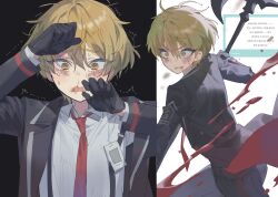 Rule 34 | 1boy, axe, black gloves, black jacket, blonde hair, blood, blood on face, blush, bruise, bruise on face, gloves, hands up, highres, holding, holding axe, id card, injury, jacket, limbus company, long sleeves, male focus, maratang, necktie, project moon, red necktie, shirt, sinclair (project moon), suspenders, trembling, white background, white shirt, yellow eyes