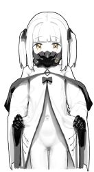 Rule 34 | 1girl, azmira1534815, blue archive, coat, colored skin, ein (blue archive), extra pupils, highres, looking at viewer, mechanical hands, navel, respirator, short hair, simple background, solo, symbol-shaped pupils, twintails, white background, white coat, white hair, white skin, x-shaped pupils, yellow eyes