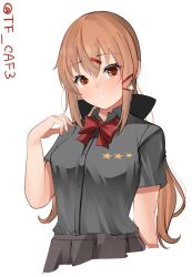 Rule 34 | 1girl, :o, alternate costume, blush, breasts, brown eyes, brown hair, brown skirt, collared shirt, grey shirt, hair between eyes, hair ornament, hairclip, kantai collection, long hair, medium breasts, school uniform, shirt, skirt, solo, tashkent (kancolle), tf cafe, twintails, twitter username, upper body, white background