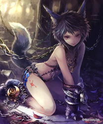Rule 34 | 10s, 1girl, all fours, alternate hairstyle, angry, animal ear fluff, animal ears, armor, backlighting, bdsm, bikini armor, bondage, bound, bound arms, bound legs, chain, claws, cygames, fantasy, fenrir (shingeki no bahamut), jewelry, kemonomimi mode, leaf, light particles, looking at viewer, mayoko (sisqo 5003), navel, necklace, official art, purple hair, ruins, shingeki no bahamut, short hair, solo, sunlight, tail, werewolf, wolf boy, wolf tail