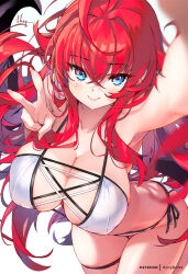 Rule 34 | 1girl, ahoge, arm up, bikini, blue eyes, breasts, cleavage, closed mouth, commentary request, demon girl, demon wings, hair between eyes, high school dxd, highres, hong (white spider), large breasts, long hair, looking at viewer, red hair, rias gremory, side-tie bikini bottom, simple background, smile, solo, swimsuit, thighs, v, white background, white bikini, wings