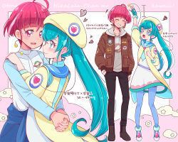 Rule 34 | 2girls, ^ ^, ahoge, antennae, aqua eyes, aqua hair, arm up, badge, beret, black pants, blue legwear, blush, bomber jacket, boots, border, brown jacket, closed eyes, closed mouth, commentary, couple, dress, earrings, embarrassed, closed eyes, fingerless gloves, from side, full body, gloves, grin, hagoromo lala, hand in pocket, hands on another&#039;s shoulders, hat, heart, heart print, height difference, height mark, hood, hoodie, hoshina hikaru, hug, interlocked fingers, jacket, jewelry, juugoya neko, long hair, long jacket, looking at another, measuring, multicolored hair, multiple girls, multiple views, aged up, open mouth, outside border, pants, pants under dress, pantyhose, pink border, pink eyes, pink hair, planet earrings, pointy ears, precure, raised eyebrows, romaji text, round teeth, shoes, short hair, single glove, smile, spacesuit, spoilers, spoken heart, star-shaped pupils, star (symbol), star in eye, star print, star twinkle precure, symbol-shaped pupils, symbol in eye, teeth, translation request, twintails, upper body, upper teeth only, yellow jacket, yuri