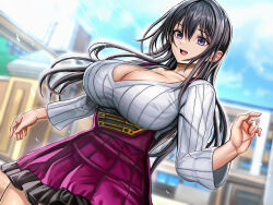 Rule 34 | 1girl, black hair, black skirt, blue sky, breasts, cleavage, cloud, collarbone, cowboy shot, dutch angle, fingernails, highres, houhokekyo, large breasts, long hair, long sleeves, looking at viewer, multicolored clothes, multicolored skirt, open mouth, original, outdoors, pleated skirt, purple eyes, purple skirt, shirt, skirt, sky, smile, solo, standing, sunlight, teeth, upper teeth only, v-neck, white shirt