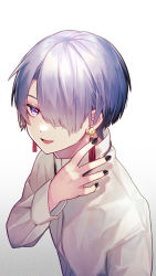 Rule 34 | 1boy, black nails, earrings, genzuki toujirou, hair over one eye, hand up, highres, jewelry, long sleeves, looking at viewer, male focus, nail polish, nijisanji, one eye covered, open mouth, pi pa, purple eyes, purple hair, shirt, smile, solo, virtual youtuber, white shirt