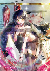 Rule 34 | 1girl, bad id, bad pixiv id, bird, black feathers, black hair, blood, blood on face, bloody weapon, bracelet, breasts, cleavage, cleaver, crow, feathers, food, foreshortening, garter straps, highres, holding, holding knife, hook, indoors, jewelry, k2h, knife, large breasts, long hair, meat, midriff, open mouth, original, see-through, solo, sparkle, table, thighhighs, tile floor, tiles, weapon, yellow eyes