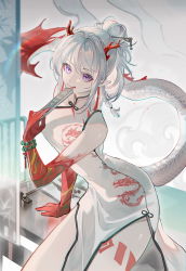 Rule 34 | 1girl, :q, absurdres, aqizaliangpu, arknights, bare shoulders, braid, china dress, chinese clothes, cowboy shot, dress, grey background, hand up, highres, holding, horns, long hair, looking at viewer, nian (arknights), nian (unfettered freedom) (arknights), official alternate costume, pelvic curtain, pointy ears, purple eyes, silver hair, sleeveless, sleeveless dress, solo, tail, tongue, tongue out, white dress
