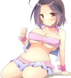 Rule 34 | 10s, 1girl, ahoge, arm support, bandeau, belt, blush, breasts, choker, cleavage, collarbone, heart, idolmaster, idolmaster (classic), idolmaster million live!, large breasts, looking at viewer, midriff, million dreams (idolmaster), miniskirt, miura azusa, navel, open clothes, pleated skirt, purple hair, red eyes, shadow, short hair, skirt, smile, solo, strapless, tube top, underboob, van-s, vest, wrist cuffs