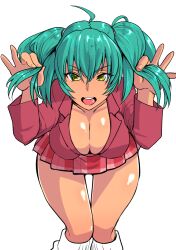 Rule 34 | 1girl, bare legs, breast press, breasts, dark-skinned female, dark skin, feet out of frame, female focus, green eyes, green hair, haiboku, hand in own hair, ikkitousen, jacket, large breasts, long hair, looking at viewer, miniskirt, naughty face, no bra, open mouth, ryofu housen, shiny skin, simple background, skirt, socks, solo, standing, suit jacket, twintails, white background, wide hips