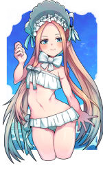 Rule 34 | 1girl, abigail williams (fate), abigail williams (swimsuit foreigner) (fate), abigail williams (swimsuit foreigner) (third ascension) (fate), absurdres, bikini, blonde hair, blue eyes, blue sky, blush, bonnet, bow, breasts, closed mouth, fate/grand order, fate (series), forehead, highres, long hair, looking at viewer, microskirt, mioshi (vixis340), navel, ocean, parted bangs, sidelocks, skirt, sky, small breasts, smile, swimsuit, thighs, twintails, very long hair, wading, white bikini, white bow, white headwear