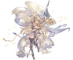 Rule 34 | 1girl, ahoge, armor, armored boots, bare shoulders, blonde hair, blue eyes, boots, breasts, dress, flag, full body, gloves, granblue fantasy, hair ornament, holding, holding sword, holding weapon, jeanne d&#039;arc (granblue fantasy), long hair, medium breasts, minaba hideo, official art, open mouth, petals, polearm, single glove, sleeveless, sleeveless dress, solo, sword, thigh boots, thighhighs, torn clothes, torn dress, transparent background, weapon, white dress