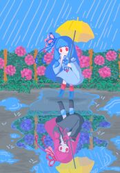 Rule 34 | 2girls, black dress, black footwear, blue dress, blue footwear, blue hair, blue sky, blue socks, blunt bangs, boots, commentary, covering own mouth, detached sleeves, different reflection, dress, flower, flower knot, full body, hair ribbon, hand over own mouth, hand up, highres, holding, holding umbrella, hydrangea, kanrei touko, kneehighs, kotonoha akane, kotonoha aoi, long hair, looking at another, looking down, multiple girls, outdoors, pink flower, pink hair, pink socks, puddle, purple flower, rain, red eyes, reflection, reflective water, ribbon, rotational symmetry, siblings, sidelocks, sisters, sky, sleeve garter, sleeveless, sleeveless dress, socks, standing, standing on one leg, umbrella, very long hair, voiceroid, weeds