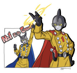 Rule 34 | 2boys, :d, arm up, artist name, belt, black belt, black eyes, black gloves, blue cape, buttons, cape, clenched hands, closed mouth, colored sclera, colored skin, colored tongue, commentary request, double-breasted, dragon ball, dragon ball super, dragon ball super super hero, energy, energy gun, expressionless, gamma 1, gamma 2, gloves, grey skin, hand on own hip, hand up, highres, holster, holstered, jacket, long sleeves, male focus, mine1225, multiple boys, open mouth, purple tongue, ray gun, red cape, simple background, smile, teeth, twitter username, upper teeth only, weapon, white background, yellow jacket, yellow sclera