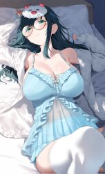 Rule 34 | 1girl, amano nene (vtuber), amano nene (vtuber) (pajama), bed, bloomers, blue bloomers, blue hair, blue nightgown, breasts, character mask, cleavage, covered navel, dark blue hair, frilled nightgown, front slit, fur jacket, glasses, green hair, highres, jacket, large breasts, long hair, looking at viewer, mask, mask on head, navel, nightgown, official alternate hairstyle, parted hair, pillow, production kawaii, raiou, see-through, see-through thighhighs, sleep mask, solo, thighhighs, underwear, virtual youtuber