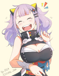 Rule 34 | 1girl, ^ ^, artist name, blush, boca, breasts, cleavage, cleavage cutout, closed eyes, clothing cutout, commentary, closed eyes, hair ornament, kaguya luna, large breasts, laughing, light purple hair, open mouth, short hair, simple background, sleeveless, solo, tears, the moon studio, twintails, twitter username, virtual youtuber, yellow background