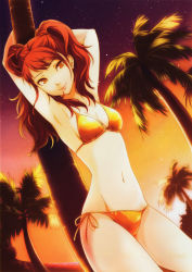 Rule 34 | 1girl, absurdres, armpits, arms up, atlus, bikini, breasts, cleavage, dark persona, earrings, groin, halterneck, highres, jewelry, kujikawa rise, long hair, looking at viewer, navel, night, night sky, official art, palm tree, persona, persona 4, red hair, side-tie bikini bottom, sky, small breasts, smile, sogabe shuuji, solo, string bikini, sunset, swimsuit, tree, water, yellow eyes
