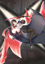 Rule 34 | 1girl, absurdres, ahoge, black coat, black shorts, boots, breasts, brown hair, brown pantyhose, capcom, card in mouth, cinders, coat, crossover, demon wings, devil bringer, devil may cry (series), devil trigger, dress shirt, enma-chan, falling, full body, gauntlets, glowing, highres, holding, holding sword, holding weapon, hololive, hololive english, id card, katana, looking to the side, medium breasts, mouth hold, multicolored hair, oni gauntlet, onimusha, pantyhose, photo background, red eyes, red hair, red sword, reference request, removing coat, shirt, shorts, sleeves rolled up, solo, star (symbol), starry background, sword, two-tone hair, uhen, virtual youtuber, weapon, white shirt, wings