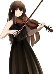Rule 34 | 1girl, akagi (kancolle), black dress, brown eyes, brown hair, dress, holding, holding instrument, instrument, kantai collection, long hair, looking at viewer, official art, scan, shibafu (glock23), simple background, smile, solo, strapless, strapless dress, third-party source, white background