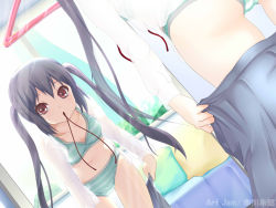 Rule 34 | 1girl, art jam, ass, black hair, bra, brown eyes, dressing, dutch angle, k-on!, lingerie, long hair, mirror, mouth hold, nakano azusa, navel, panties, reflection, ribbon, ribbon in mouth, skirt, solo, striped bra, striped clothes, striped panties, twintails, underwear, undressing