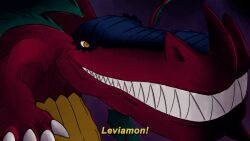 Rule 34 | character name, close-up, colored skin, commentary, crocodile, crocodilian, dark background, digimon, digimon card game, english commentary, green hair, green tail, leviamon, looney tunes, no humans, parody, raikodrivaille, red skin, red tail, sharp teeth, solo, teeth, yellow eyes
