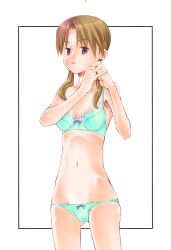 Rule 34 | 1girl, absurdres, black border, border, bow, bow bra, bow panties, bra, breasts, brown hair, commentary request, cowboy shot, crotch seam, green bra, green panties, groin, hair over shoulder, hands in hair, highres, hip bones, kusano kouichi, light frown, looking at viewer, low twintails, medium hair, navel, open mouth, original, outside border, panties, parted bangs, pinky out, purple eyes, ribs, small breasts, solo, standing, twintails, underwear, underwear only, white background