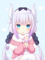 Rule 34 | 10s, 1girl, amashiro natsuki, bad id, bad pixiv id, beads, black bow, black hairband, blouse, blue eyes, blunt bangs, blush, bow, buttons, capelet, center frills, double scoop, dragon girl, dragon horns, dress, food, food on face, frilled capelet, frills, gothic lolita, hair beads, hair bow, hair ornament, hairband, highres, holding, holding food, horns, ice cream, ice cream cone, kanna kamui, kobayashi-san chi no maidragon, light purple hair, lolita fashion, long hair, long sleeves, low twintails, purple hair, shirt, slit pupils, solo, tongue, tongue out, twintails, upper body
