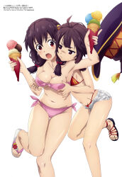 Rule 34 | 2girls, absurdres, bikini, breasts, brown hair, cleavage, feet, flip-flops, grabbing, grabbing another&#039;s breast, hat, highres, holding food, holding ice cream, ice cream, ice cream cone, kono subarashii sekai ni shukufuku wo!, large breasts, magazine scan, megami magazine, megumin, multiple girls, navel, official art, open mouth, pink bikini, sandals, scan, short shorts, shorts, simple background, small breasts, swimsuit, thighs, toes, white background, witch hat, yunyun (konosuba)