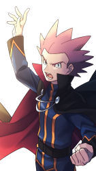 Rule 34 | 1boy, arm up, black cape, cape, clenched hand, commentary request, creatures (company), game freak, highres, lance (pokemon), long sleeves, looking at viewer, male focus, momoji (lobolobo2010), nintendo, open mouth, pokemon, pokemon hgss, red hair, solo, spiked hair, teeth, tongue