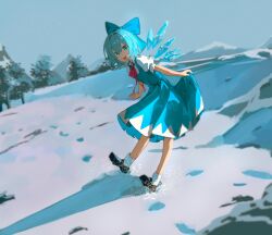 Rule 34 | 1girl, black footwear, blue bow, blue dress, blue eyes, blue hair, bow, cirno, collared shirt, day, detached wings, dress, fairy, full body, hair between eyes, hair bow, highres, ice, ice wings, open mouth, outdoors, puffy short sleeves, puffy sleeves, shirt, shoes, short hair, short sleeves, smile, socks, solo, touhou, uroam, white shirt, white socks, wings