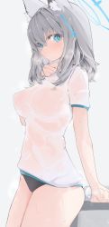 Rule 34 | 1girl, alternate costume, animal ear fluff, animal ears, black panties, blue archive, blue eyes, breasts, cross hair ornament, grey background, grey hair, hair ornament, halo, highres, large breasts, looking at viewer, medium hair, mikozin, panties, see-through, shiroko (blue archive), shirt, short sleeves, simple background, solo, sweat, thighs, underwear, wet, wet clothes, wet shirt